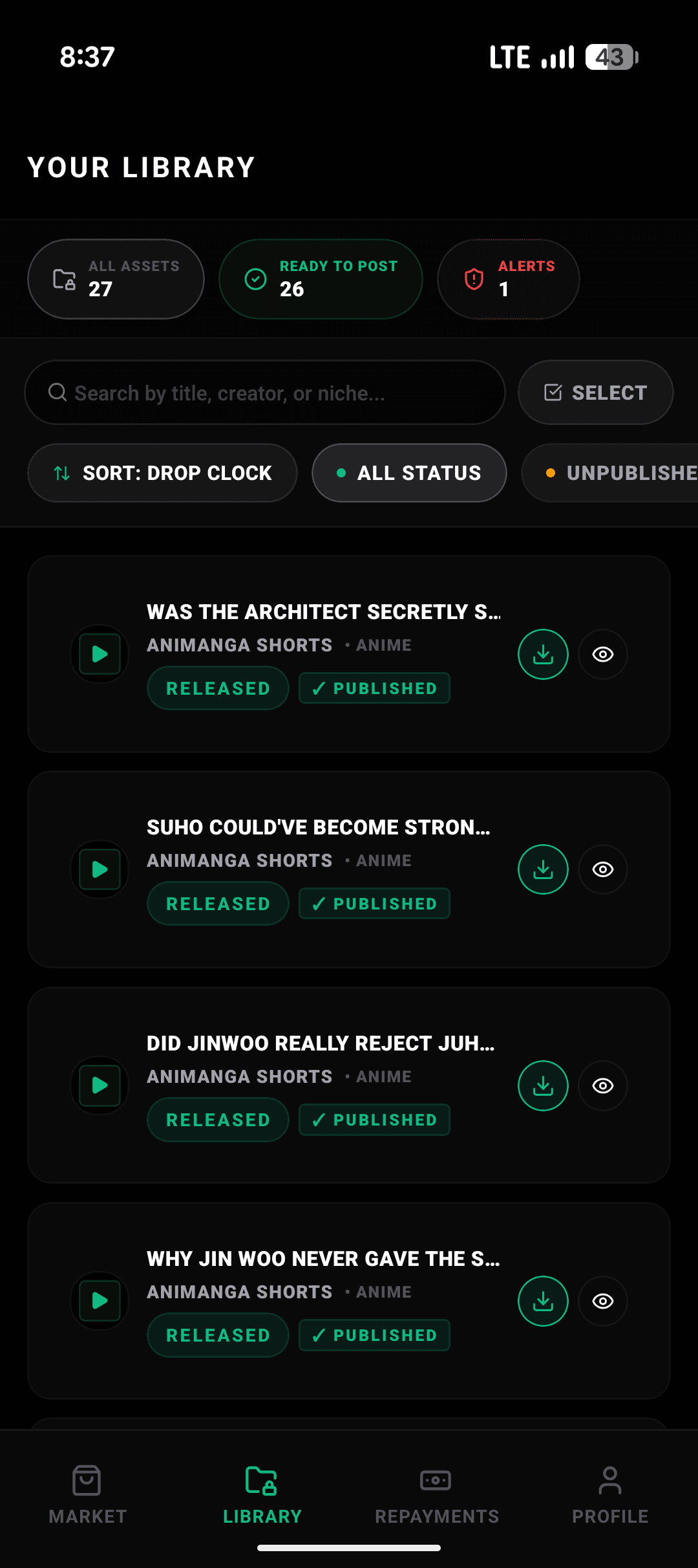 Content Tree library screen showing released assets ready to post