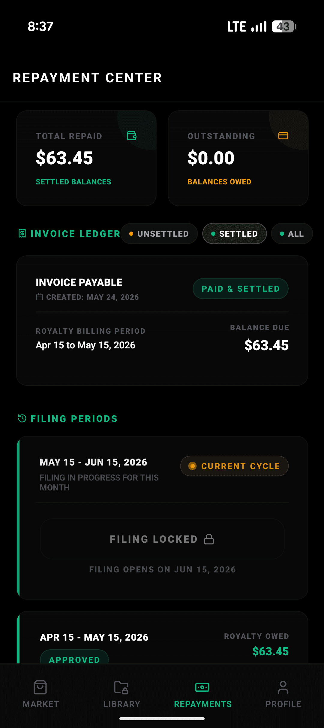 Content Tree repayment center screen showing invoice ledger and filing periods